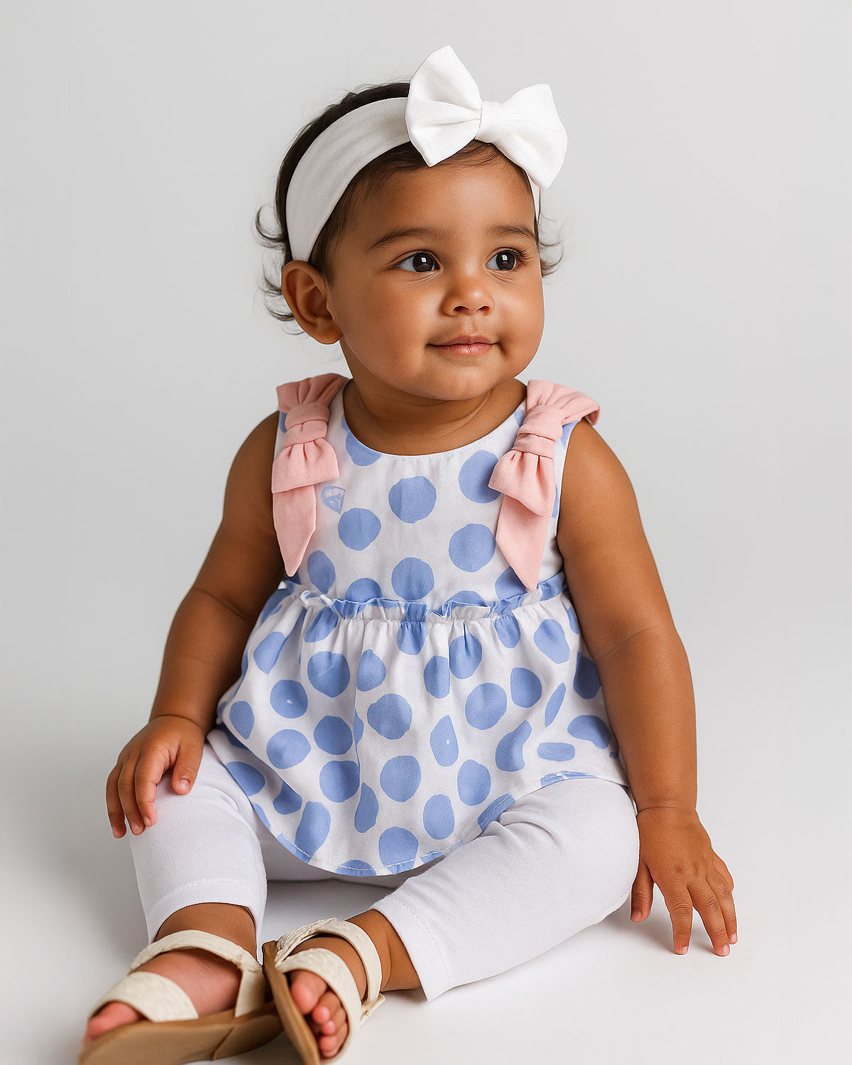 Conjunto blusa con estampado de lunares azules y leggins blanco para bebé niña