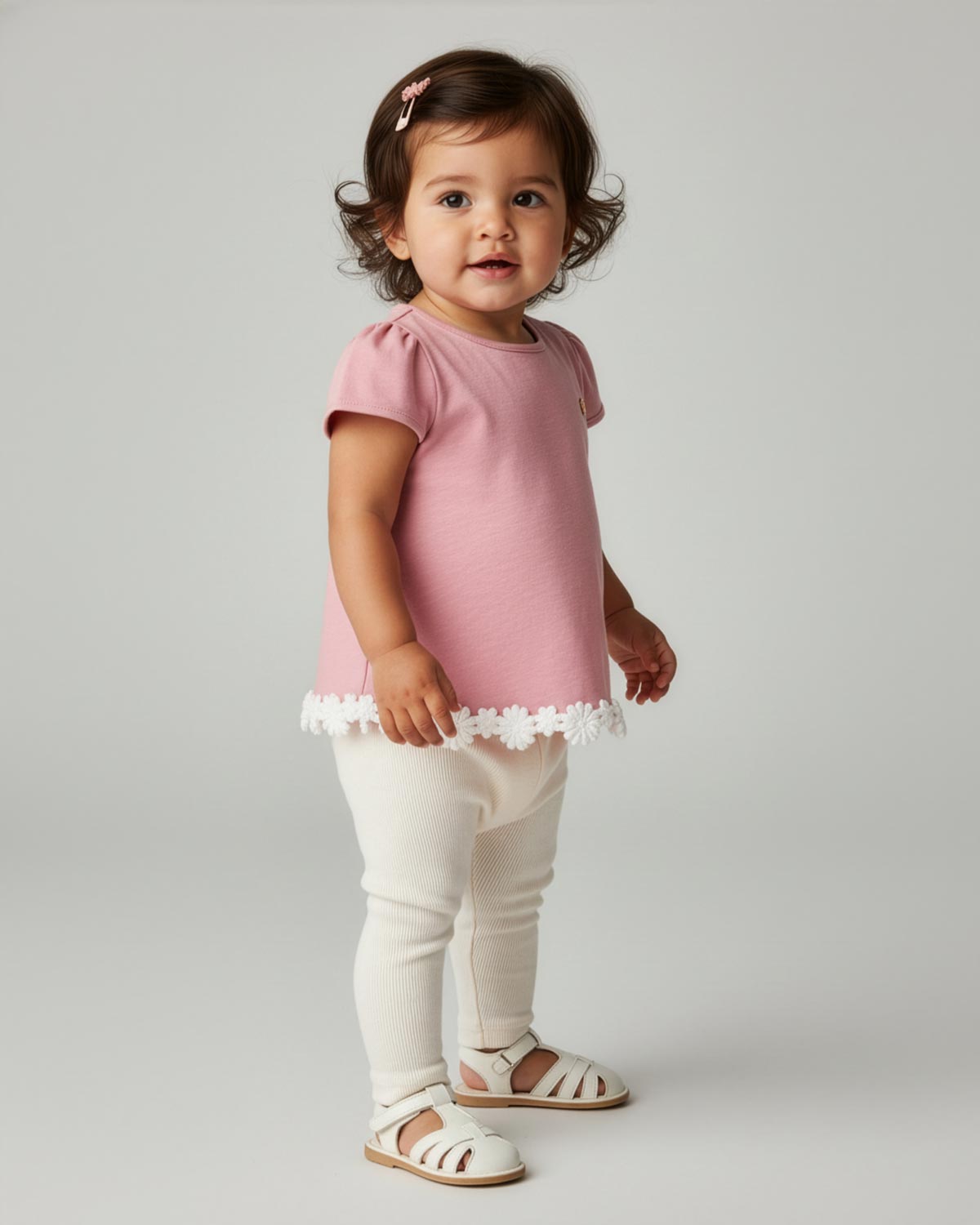 Conjunto blusa rosa con encaje de florecitas y leggins en rib para bebé niña