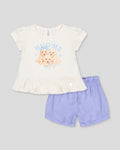 Conjunto  blusa blanca estampada y short lila para bebé niña