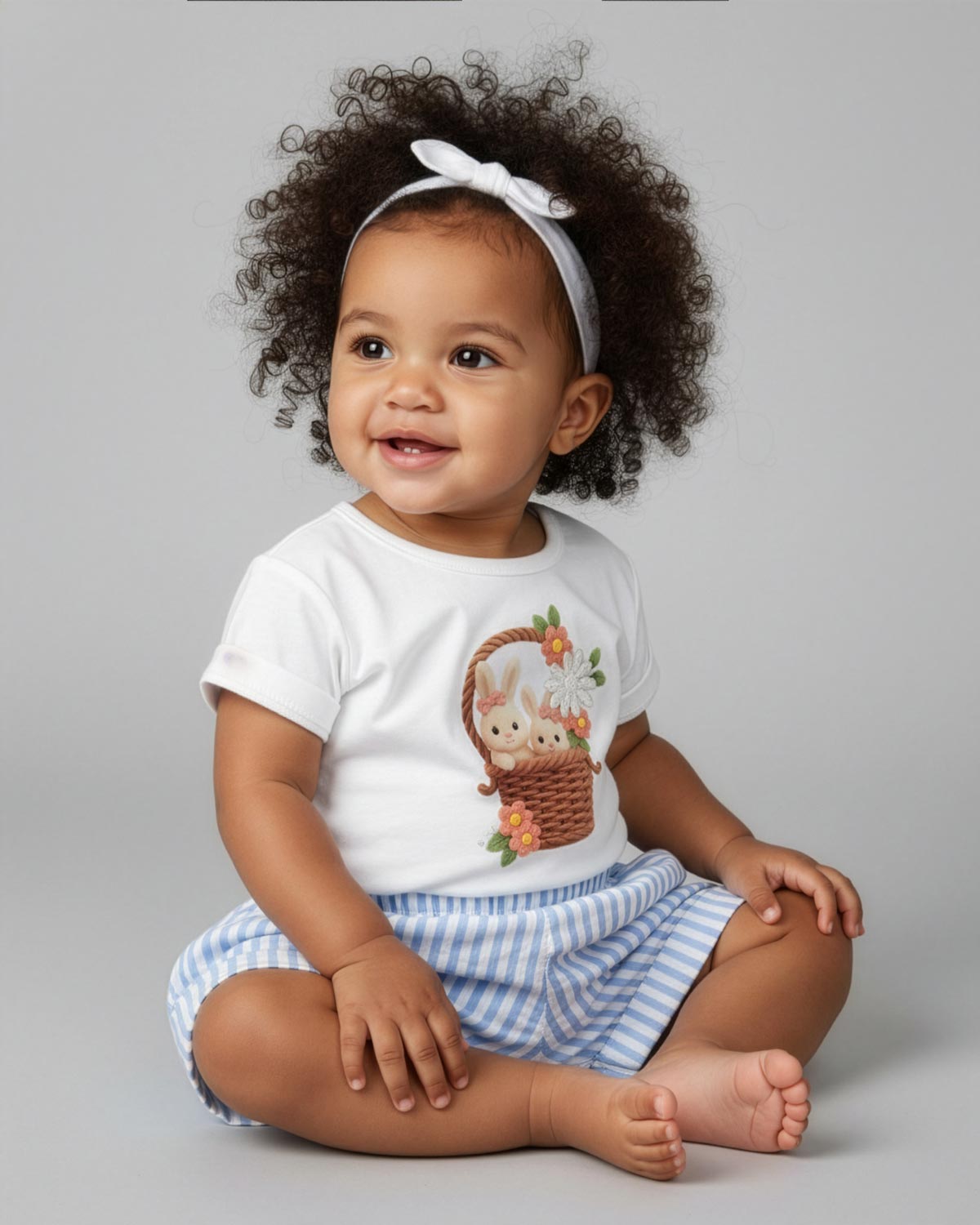 Conjunto camiseta blanca con estampado de conejitos y short de líneas azules para bebé niña