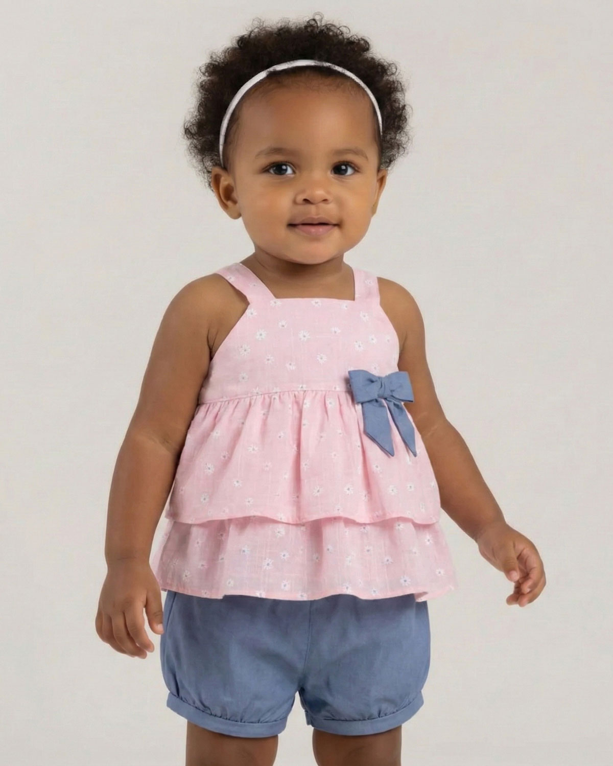 Conjunto blusa rosa estampadada de flores con boleros y short azul para bebé niña