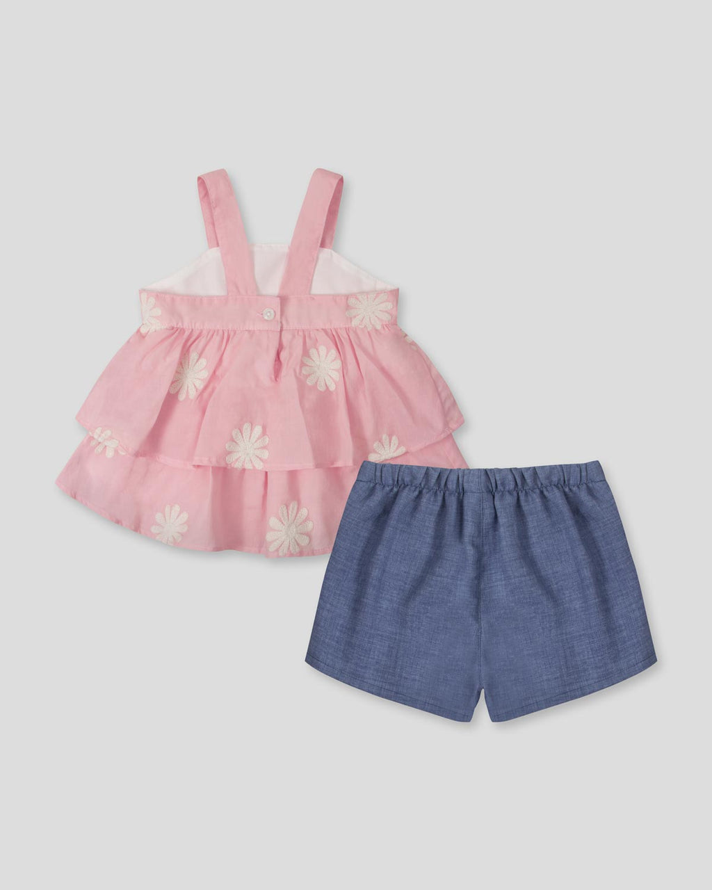 Conjunto blusa rosada de flores bordadas con boleros y falda short azul con moños para bebé niña