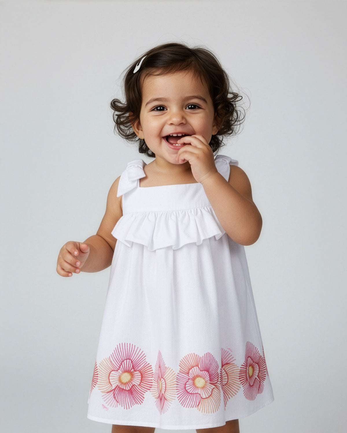Vestido body en lino blanco con estampado de flores para bebé niña