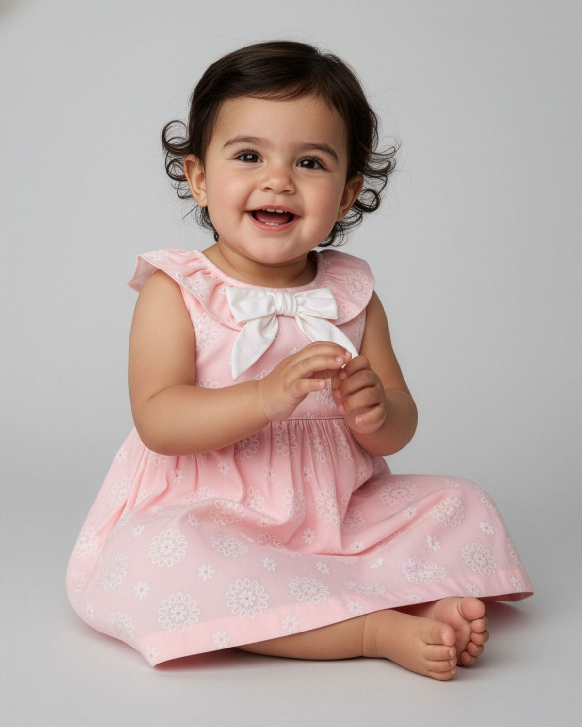 Vestido body rosa en tela hoja rota con estampado de flores y moño blanco para bebé niña