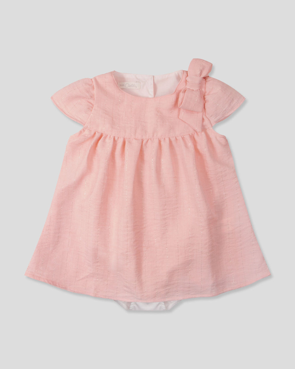 Vestido body rosa con detalle de líneas plateadas y moño en hombro para bebé niña