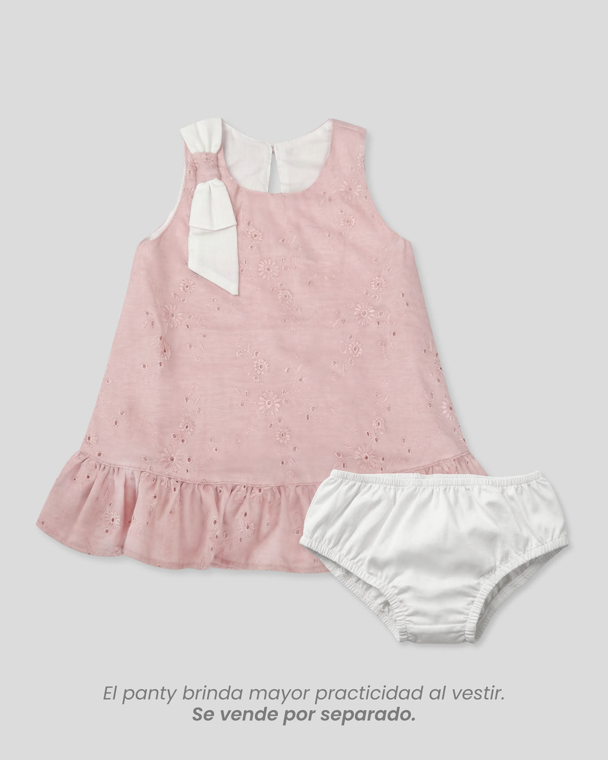 Vestido rosa en tela hoja rota con moño blanco en hombro para bebé niña