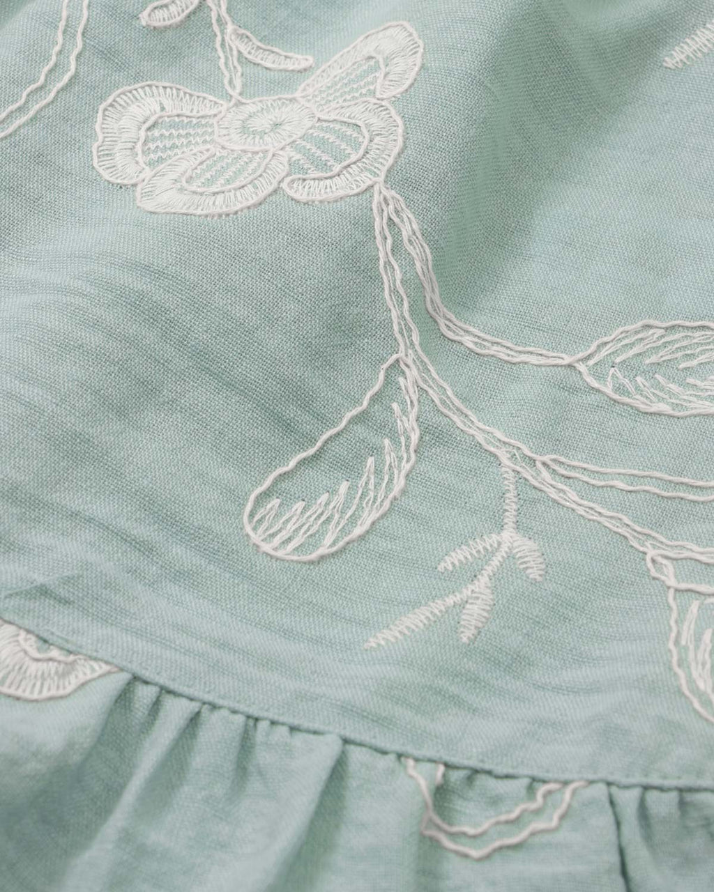 Vestido verde menta de tiras en tela bordada con moño para bebé niña
