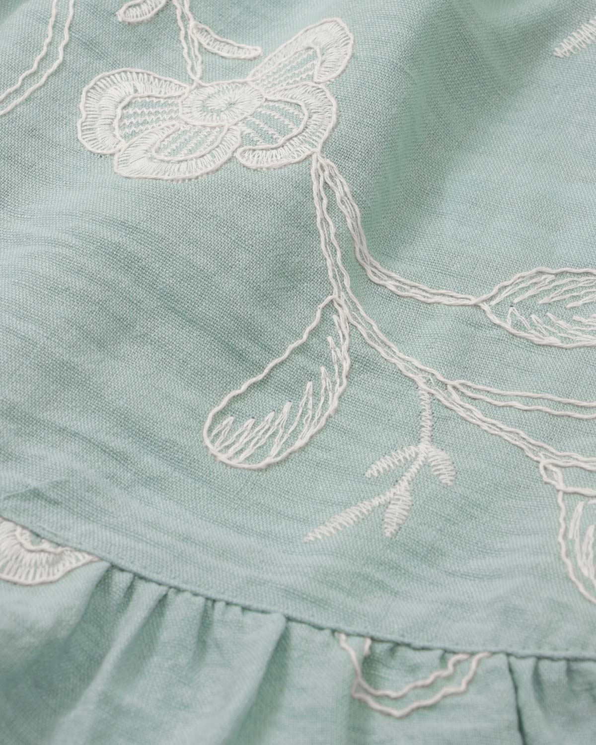 Vestido verde menta de tiras en tela bordada con moño para bebé niña