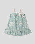 Vestido verde menta de tiras en tela bordada con moño para bebé niña
