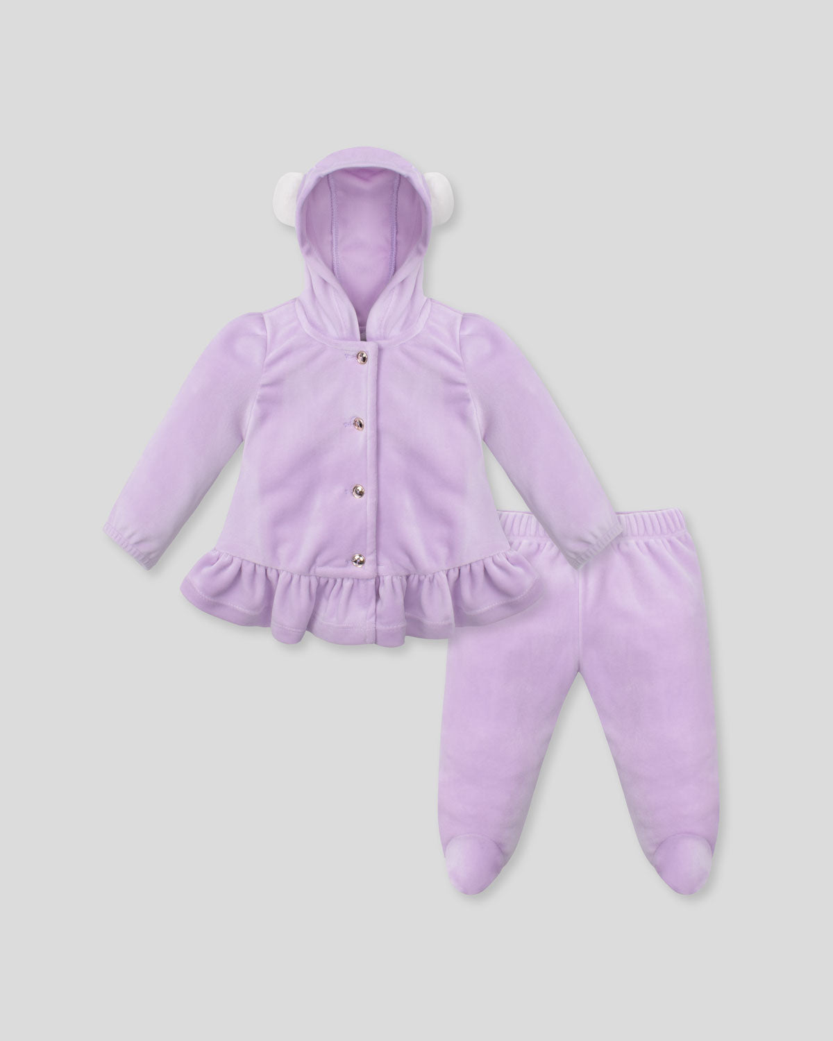Pijama lila de dos piezas con gorrito de osito para bebé niña