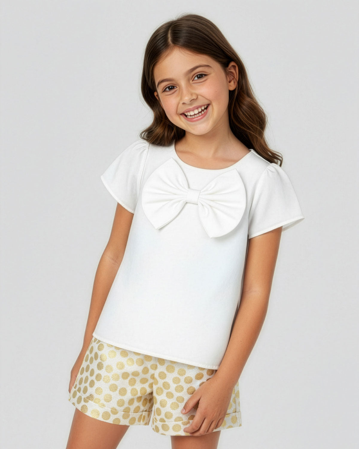 Conjunto blusa blanca en satín con moño y short de puntos dorados para niña