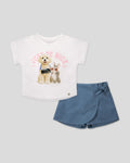 Conjunto camiseta blanca con estampado ''Just Be Nice'' y falda short azul para niña