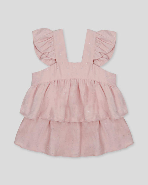 Blusa rosa con brillos y tiras con boleritos para niña