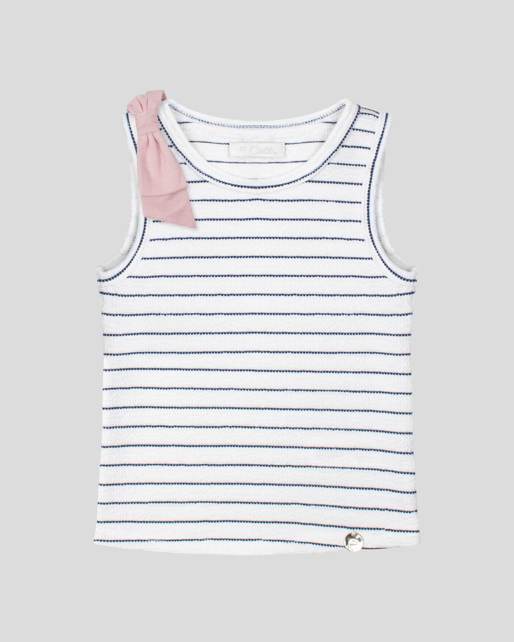 Blusa manga sisa blanca con líneas y moño rosa para niña