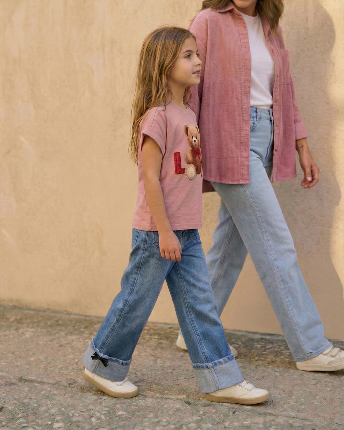 Jean denim marine fit con bolsillos y bota doblada con moñitos para niña