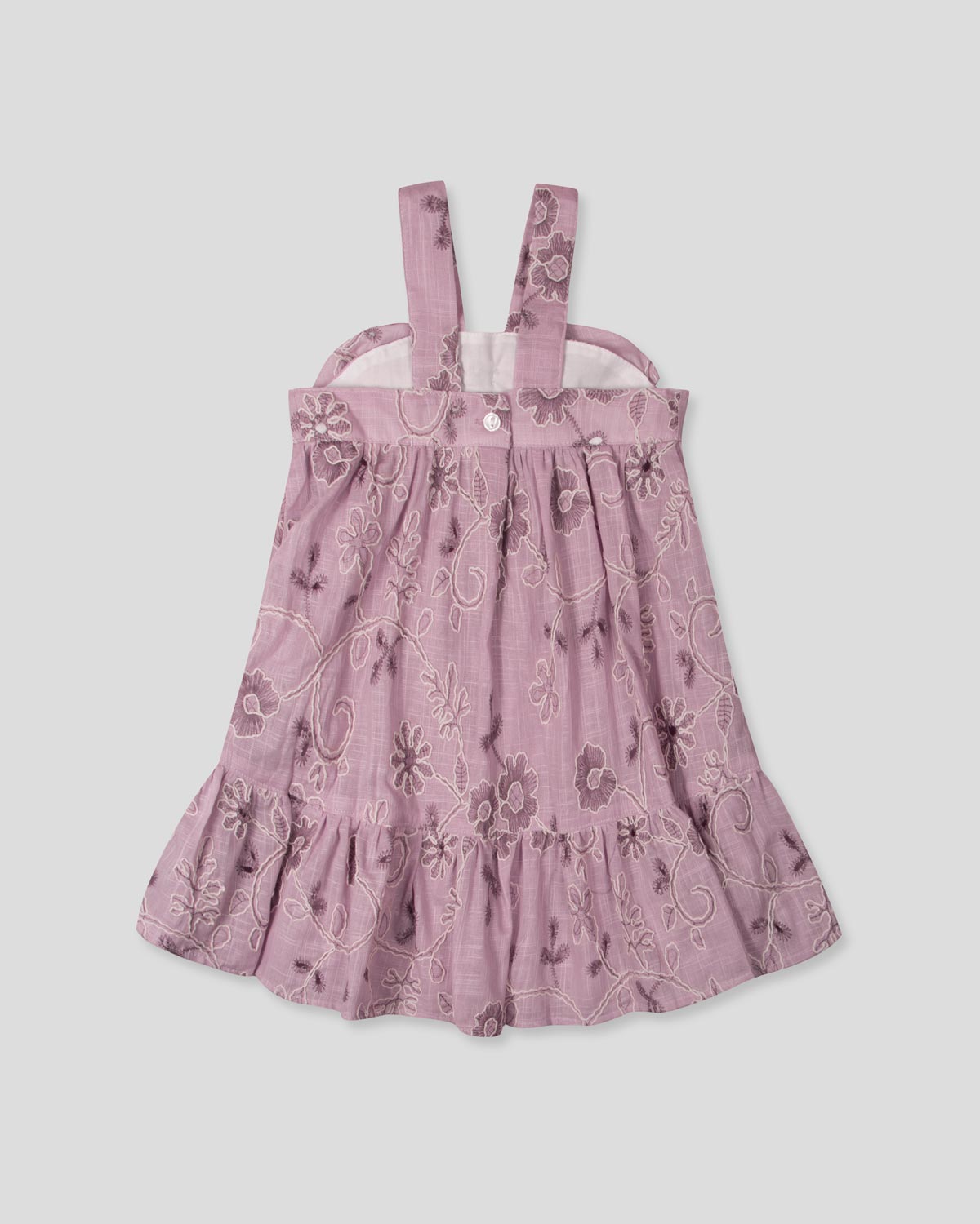 Vestido de tiras lila con tela bordada de flores y moño para niña