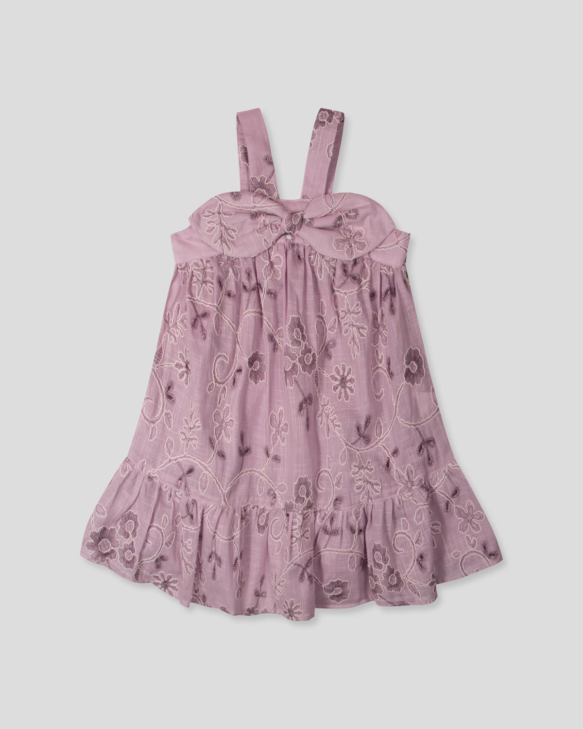 Vestido de tiras lila con tela bordada de flores y moño para niña