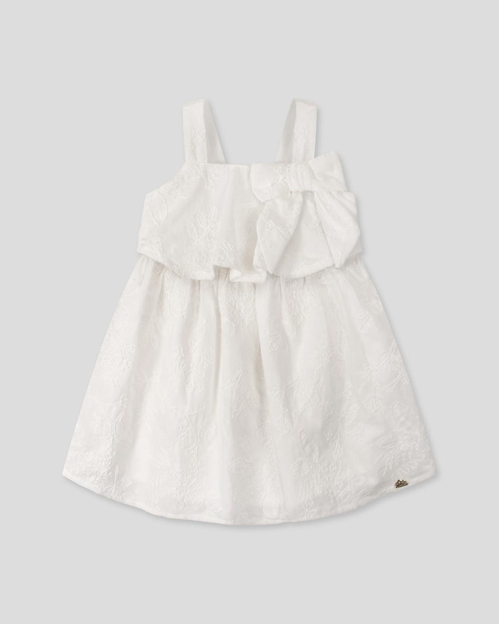 Vestido blanco de tiras con moño y tela bordada para niña