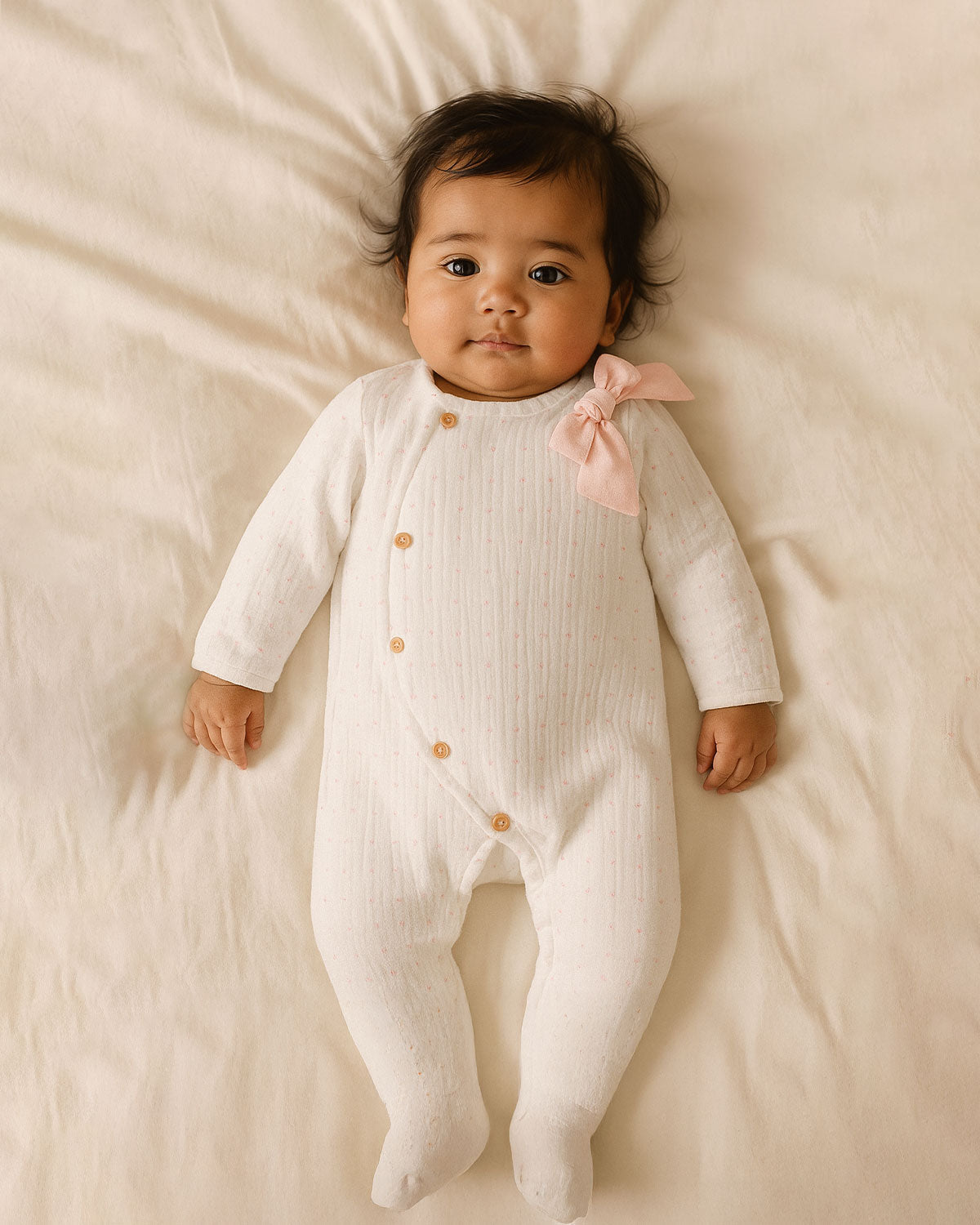 Pijama enteriza blanca con puntitos rosados, detalle de moño y botones para bebé niña