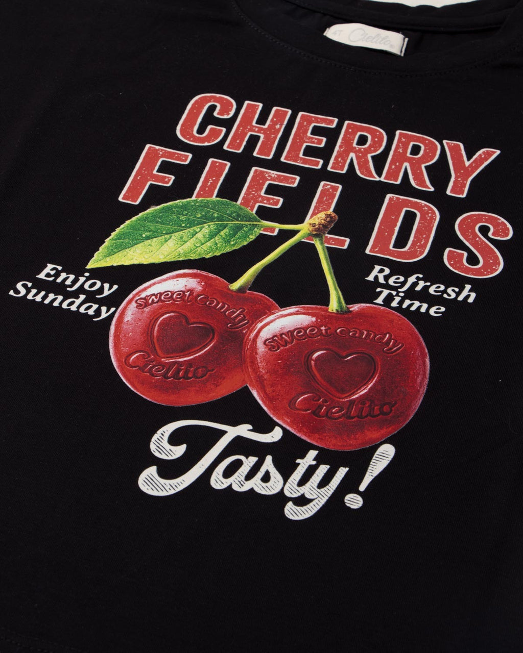 Camiseta negra estampada Cherry Fields para niña