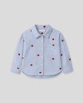 Camisa de rayas azul con corazones rojos bordados para niña